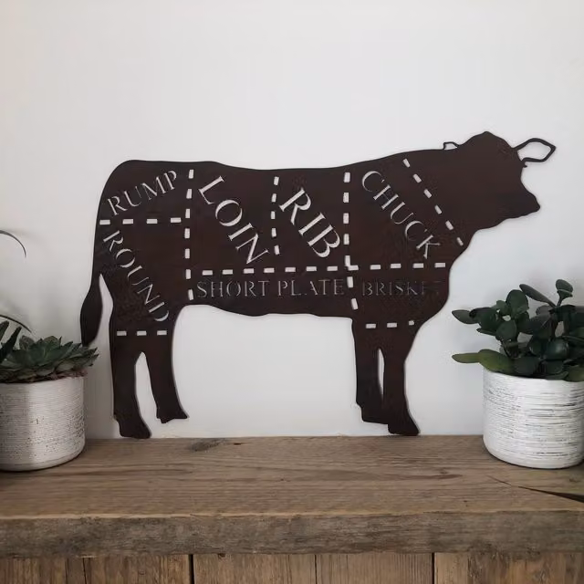 RW Norfolk Rustic Brown Metal Butchers Cow Wall Plaque Decoration, W: 33.0 cm, H: 52.0 cm
