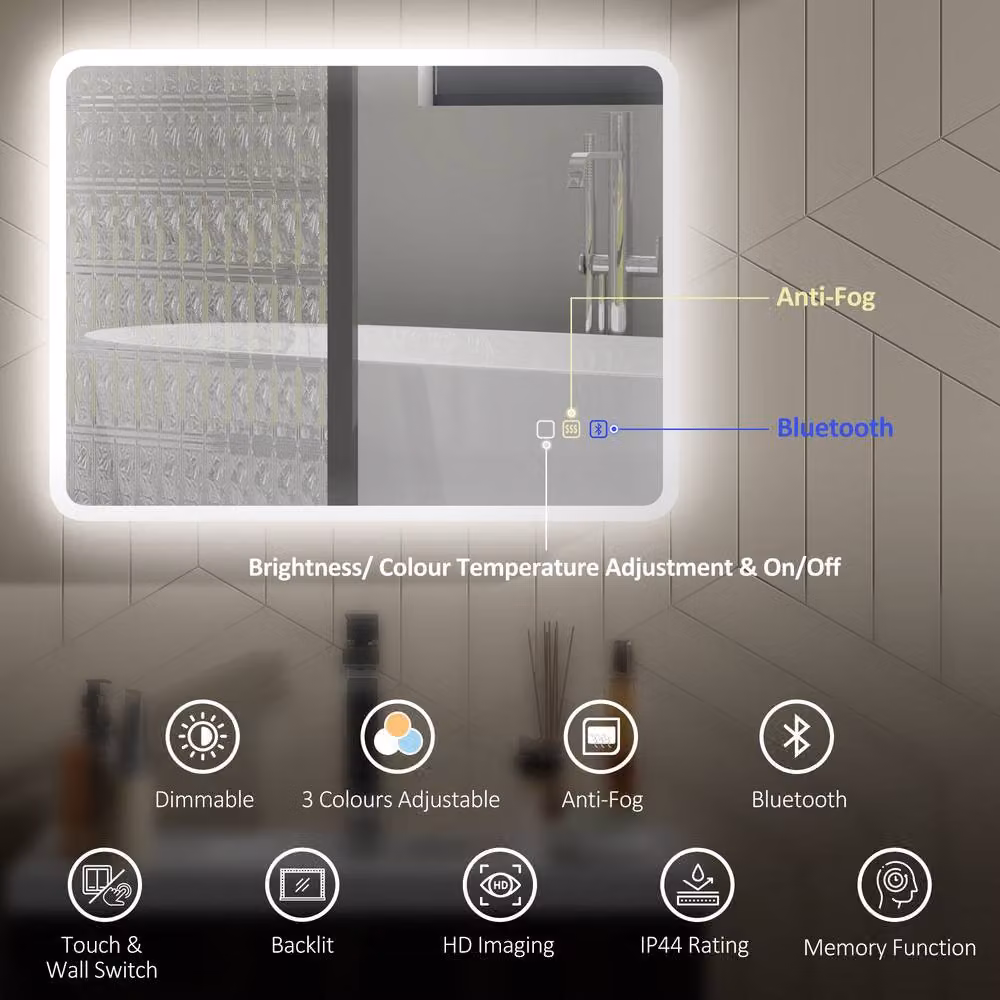 STILVORA LED Bluetooth Bathroom Mirror in Silver, Rectangular, W/H: 60 x 80 cm – 6