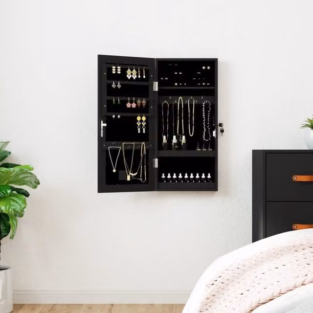Berkfield Home Modern Wall Mounted Mirror Jewellery Cabinet with LED Lights in Matt Black – 1