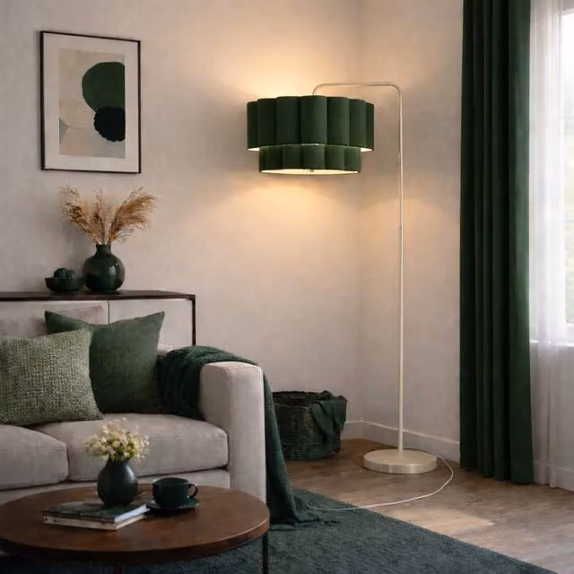 CGC Lighting Kyra Cream Angled Floor Lamp with Two Layer Scalloped Dark Green Fabric Lampshade – 1