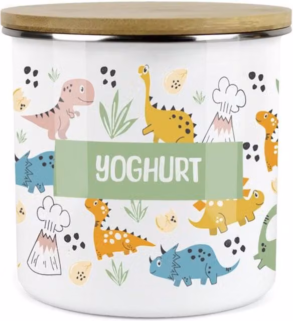 Purely Home Cartoon Dinosaurs Childrens Mini Snack Pot for Yoghurt in Green and Multicolour Enamel Metal