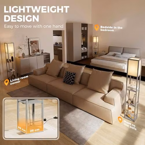 HOMCOM Modern 3-Tier Floor Lamp with Storage Shelves and LED Light in Grey – 6