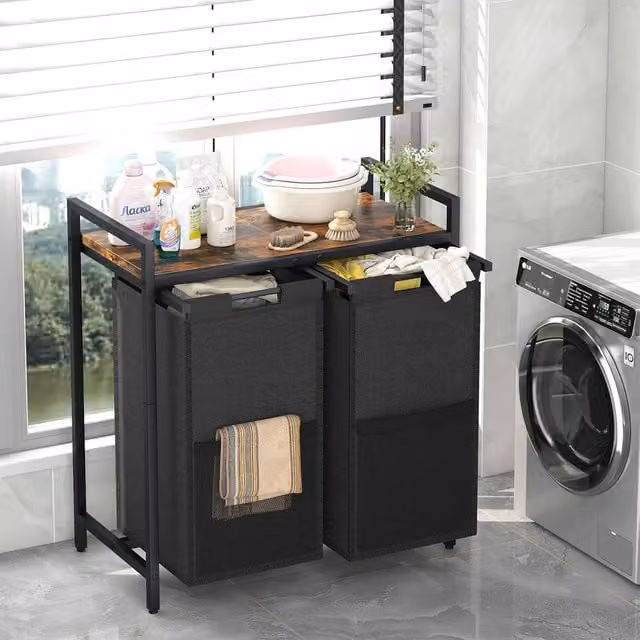 Huhote Black 2 Compartment Dirty Laundry Basket with Removable Bag
