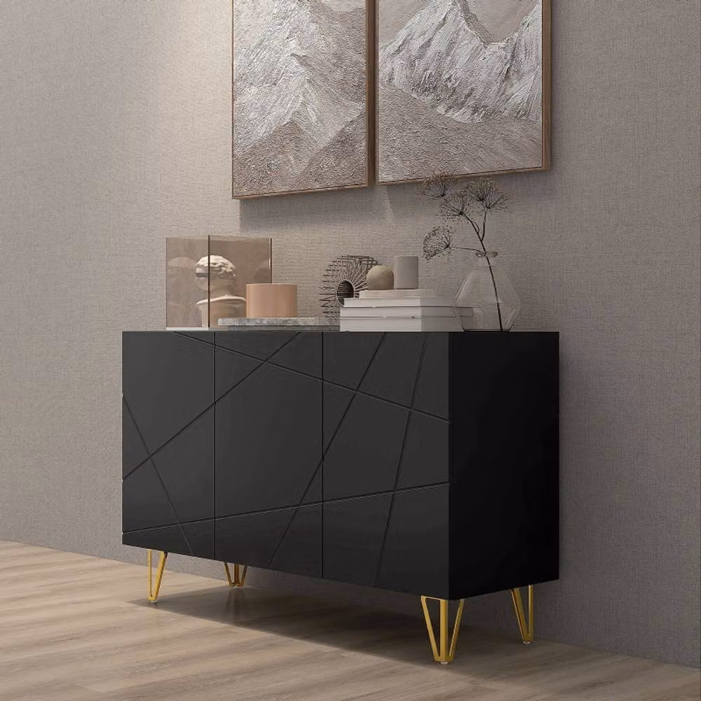 STILVORA Modern Glossy Black Sideboard with Gold Accents and Adjustable Shelves, Width: 120 cm – 5