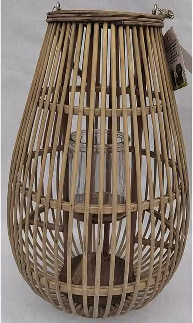 Lemon Pavilion Furniture and Decor Medium Oval Wicker Lantern with Glass Holder, Brown, W28 x D28 x H42 cm