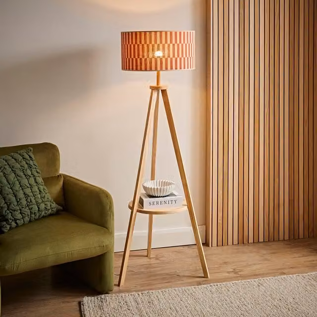 ValueLights Morrigan Shelf Tripod Floor Lamp with Orange Multicolour Bamboo Shade