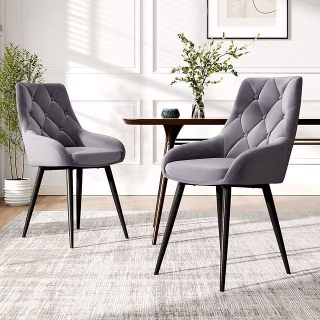 Komore Set of 2 Modern Grey Velvet and Metal Geometric Dining Chairs