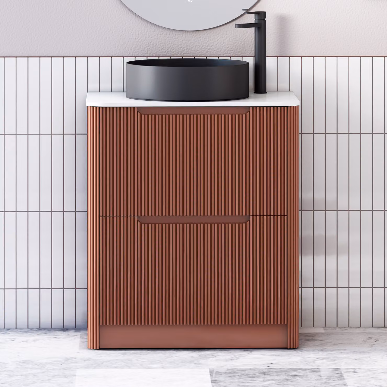 Royal Bathrooms Avenza 800mm Terracotta Clay Floor Standing Vanity Unit with 2 Drawers, Plain White Worktop and Art Round Black Basin
