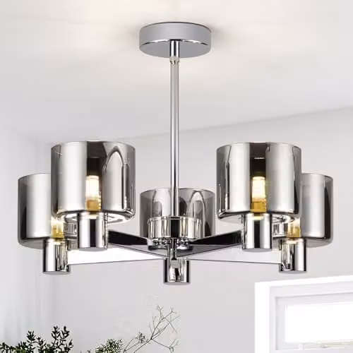Harper Living Modern 5-Light Semi Flush Ceiling Lamp in Chrome with Smoked Grey Glass Shades, G9 Compatible