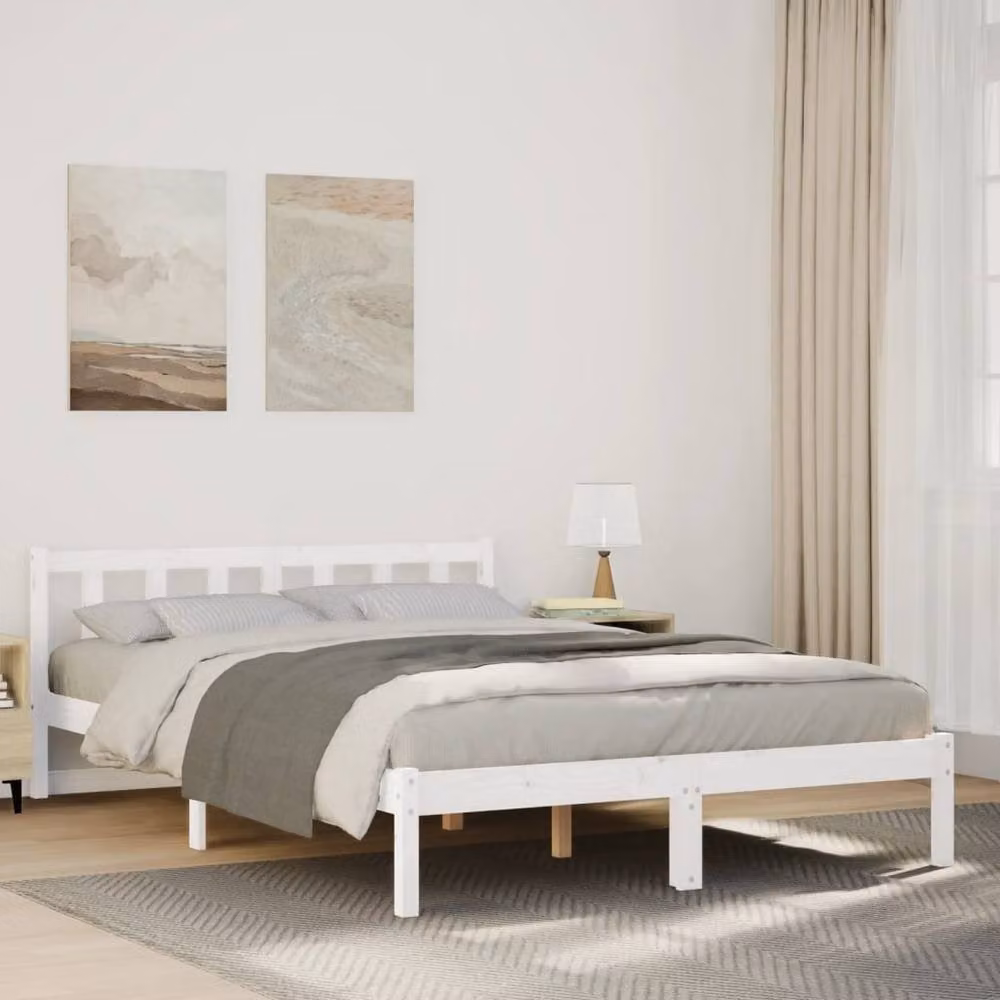 Berkfield Home Extra Long Solid Wood Pine Bed Frame in White W: 140 cm, L: 220 cm – 2