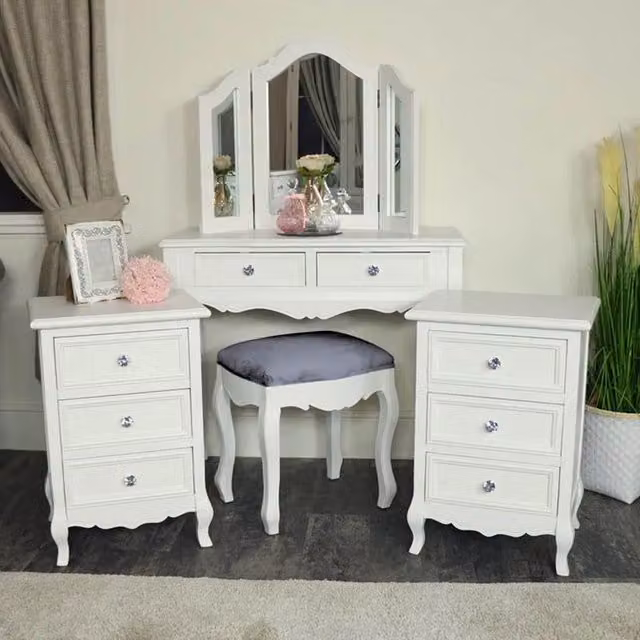 Melody Maison Victoria Range White and Grey Shabby Chic Dressing Table with Mirror, Stool and Pair of Bedside Tables