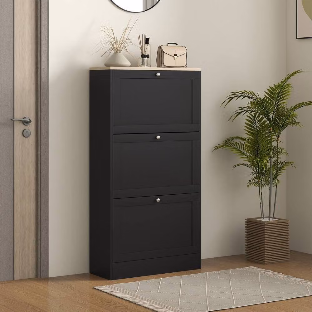 STILVORA Modern Black Shoe Cabinet with Three Tilting Compartments – 2
