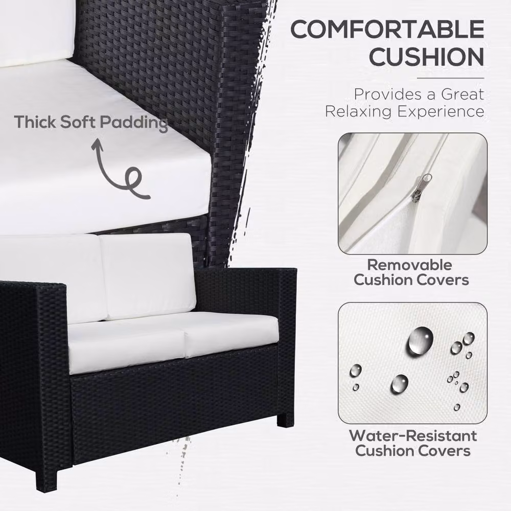 STILVORA 2 Seater Sofa with Cushions in Black with Metal and Rattan Details – 3