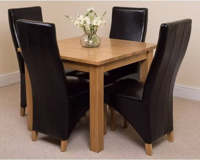 Thats Furniture Oslo Oak Small Square Dining Table and 4 Lola Black Leather Chairs, W/D: 90 x 90 cm