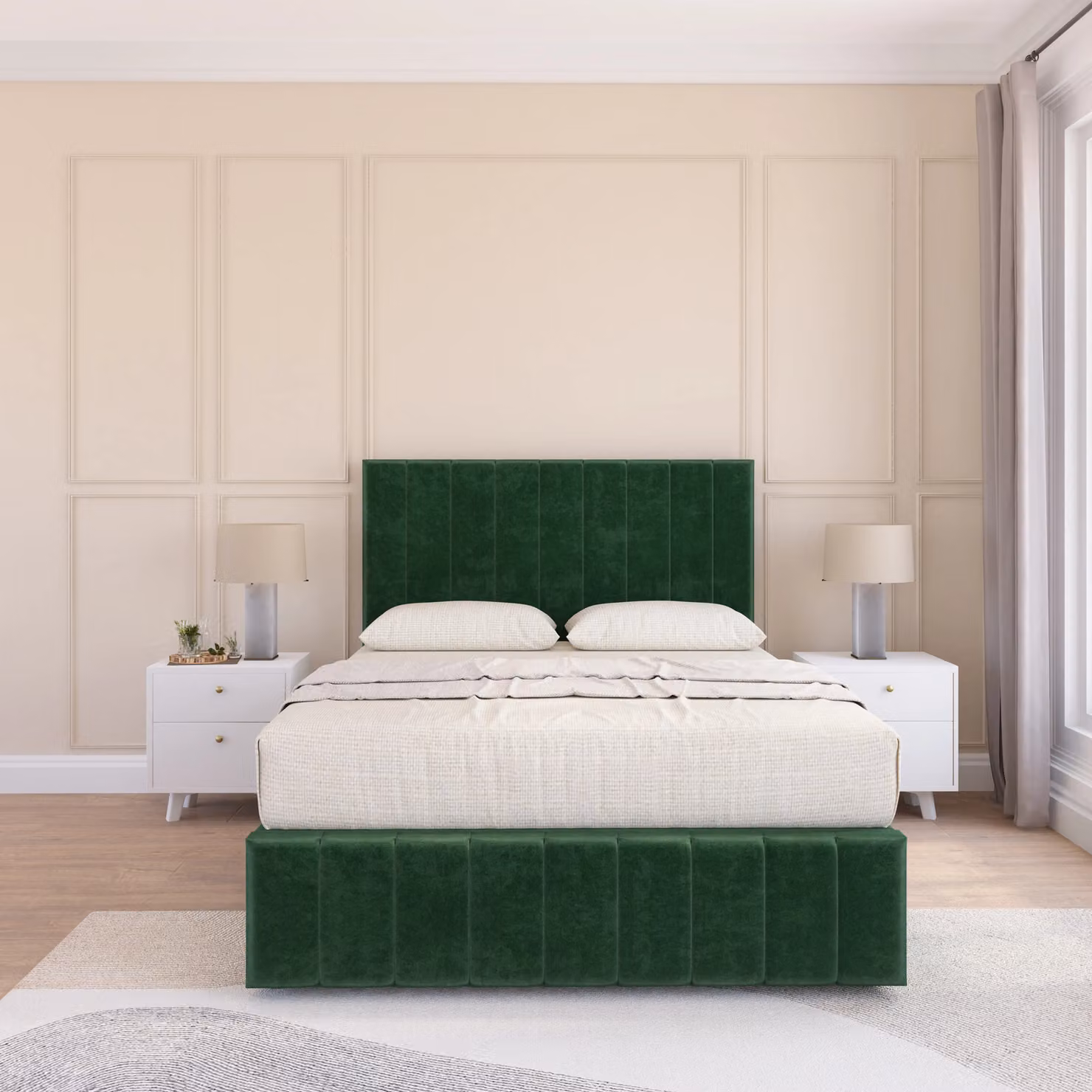 Sloomy Manhattan Divan Bed Base with Floor Standing Headboard, Emerald Green Velvet, W/D/H: 90 x 200 x 2 cm