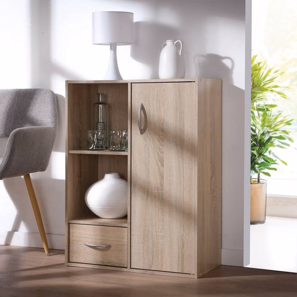 CALICOSY 2-Compartment Storage Shelf with 1 Drawer and 1 Cupboard, Light Brown, W: 61.5 cm, H: 80.0 cm, D: 29.5 cm – 2