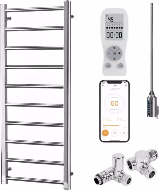 Sola Silver Metal Towel Rail with Integrated Valve and Wifi App Control, Height: 120 cm