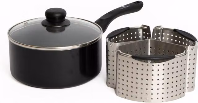MasterClass 4-Piece Grey Ceramic and Stainless Steel Cooking Set Including Non-Stick Saucepan with Lid and 3x Saucepan Divider Baskets – 1