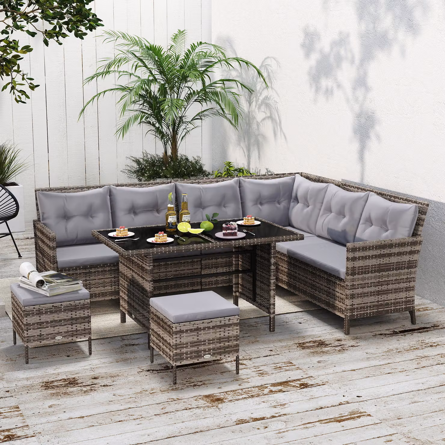 Outsunny 8 Seater Grey Rattan Garden Furniture Set with Upholstered Cushions, Tempered Glass Coffee Table and 2 Ottomans – 2