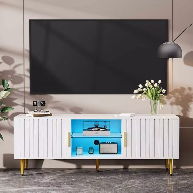 Dprodo Modern White TV Stand Cabinet with Ambient Light, W/D/H: 140 x 40 x 48 cm