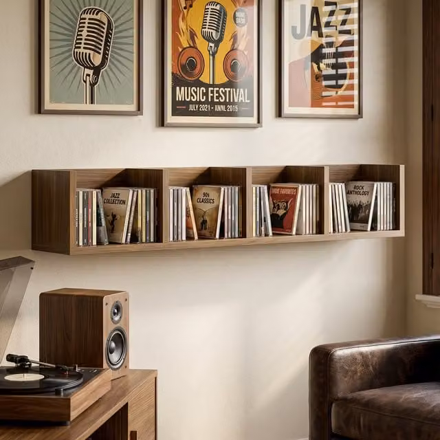 HOMCOM Modern Wall Mounted Cube Storage Shelf with Media Compartments in Brown