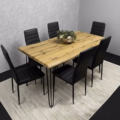Kosy Koala Modern Dining Table Set with 6 Black Faux Leather Chairs and Brown Rectangular MDF Table