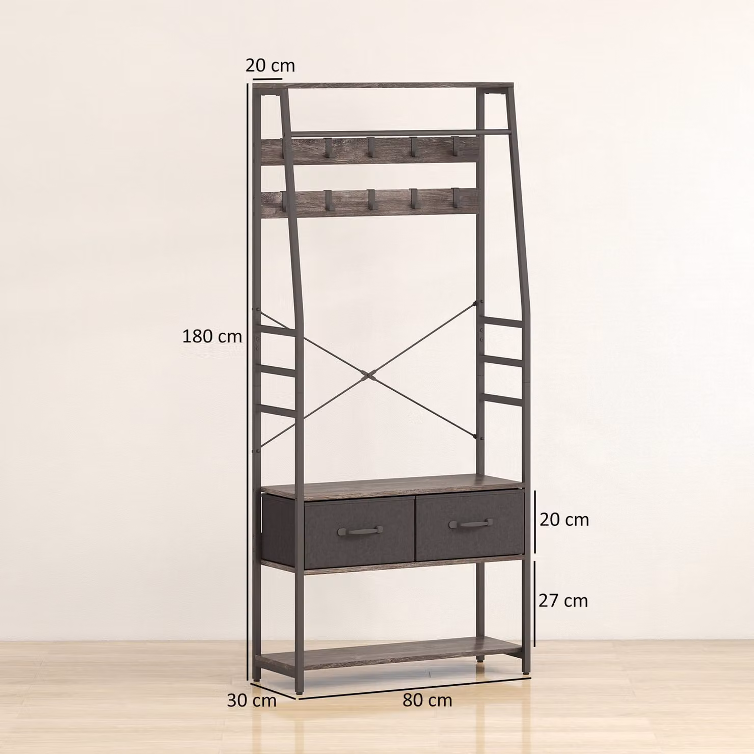 HOMCOM Industrial Hall Tree with Shoe Bench and Storage, Grey – 3