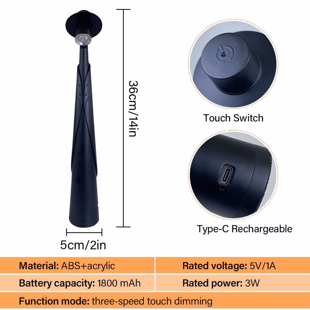 INMTFEI Rechargeable LED Touch Bedside Lamp in Black with Dimmer and Warm White Light – 4