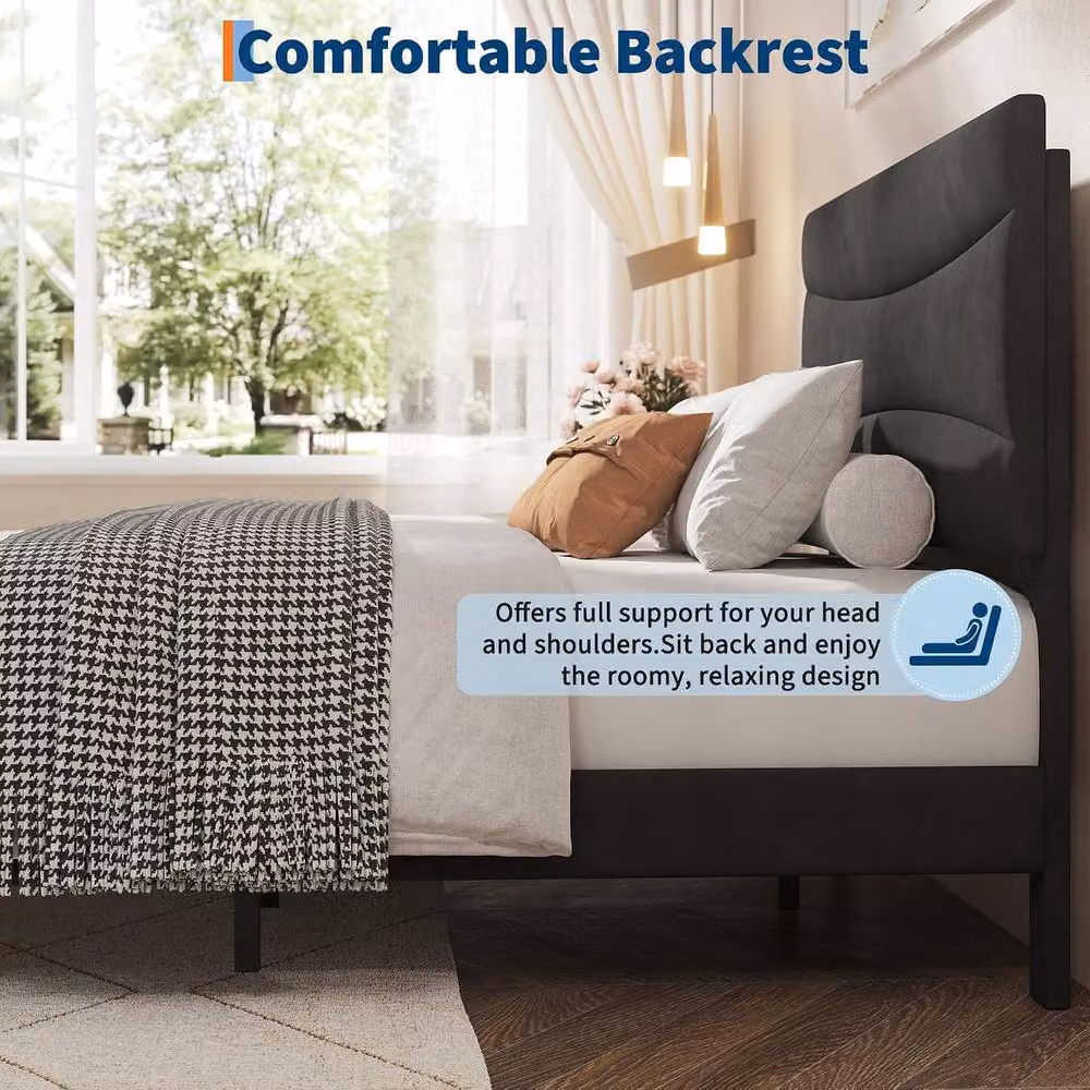 London Boutique Double Size Upholstered Bed Frame with Headboard in Black, W/D/H: 140 x 200 cm – 7