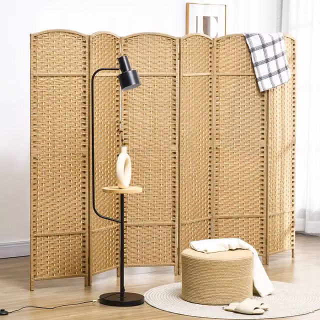 HOMCOM 6 Panel Boho Rattan Folding Room Divider Privacy Screen in Beige