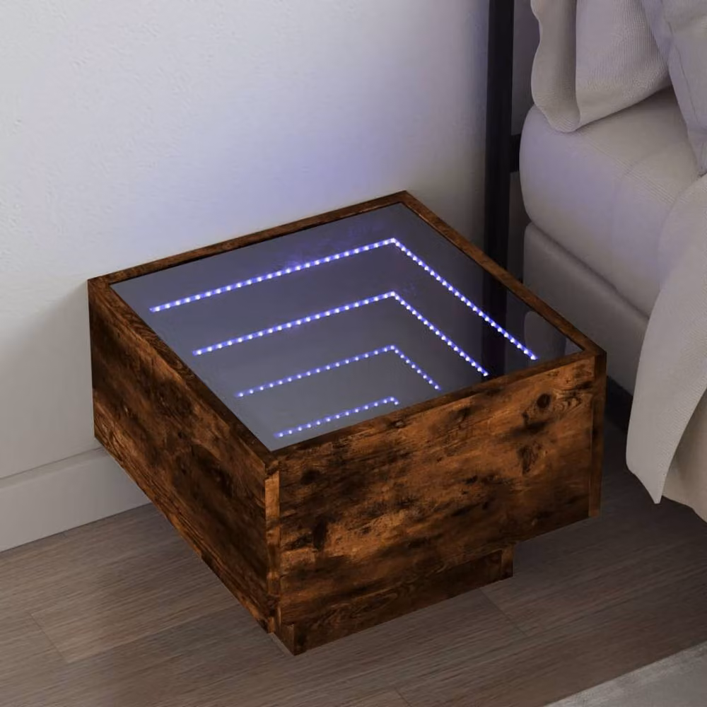 Berkfield Home Bedside Table in Smoked Oak Brown with Infinity LED Lighting and Mirror Top, W/D/H: 40 x 40 x 30 cm – 2