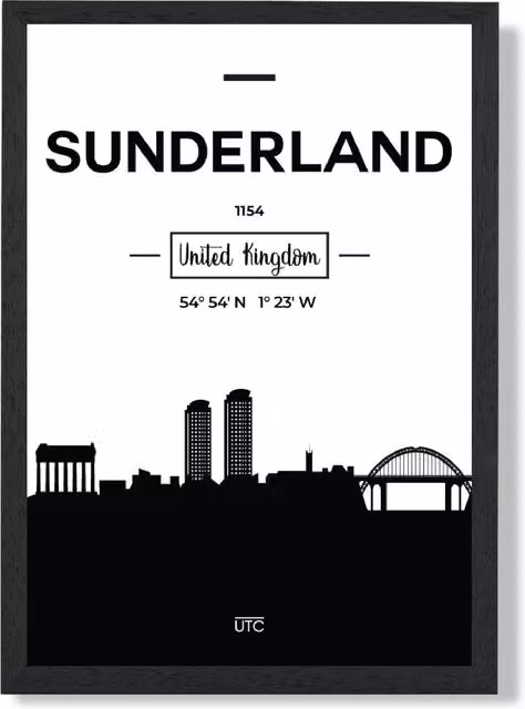 ARTZE Sunderland Black and White City Skyline Framed Print – 1