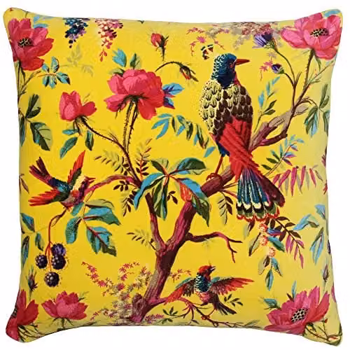 Paoletti Paradise Square Cushion Cover in Yellow with Animal Graphic Print, Velvet Feel Cotton Fabric, W/D/H: 50 x 50 x 50 cm