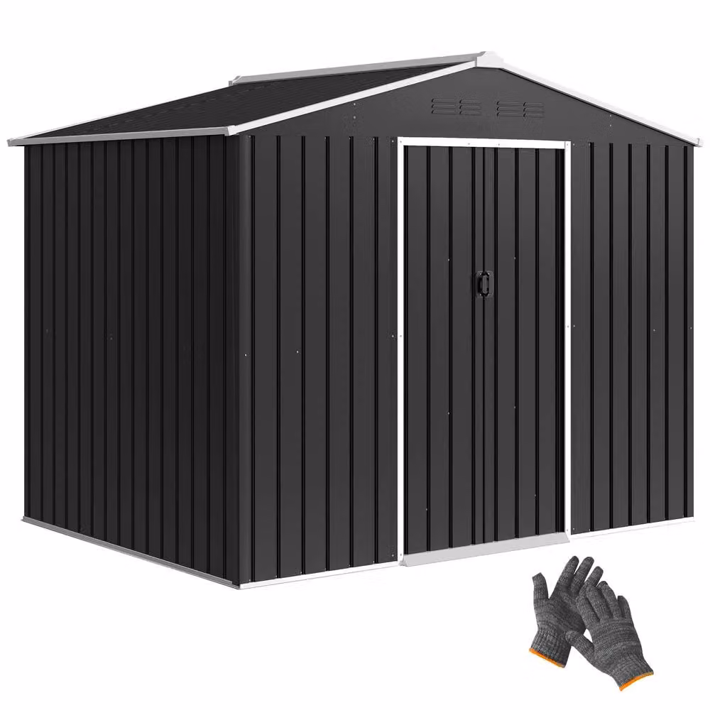 OUTSUNNY Grey Galvanised Steel Pent Garden Storage Shed with Double Door – 2