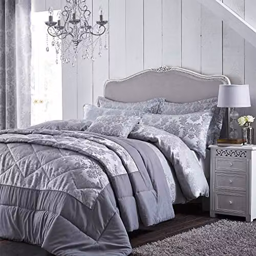 Catherine Lansfield Damask Jacquard Duvet Cover and Pillowcase Set in Silver Grey, W/D/H: 180 x 200 cm, Pillowcase: 50 x 75 cm