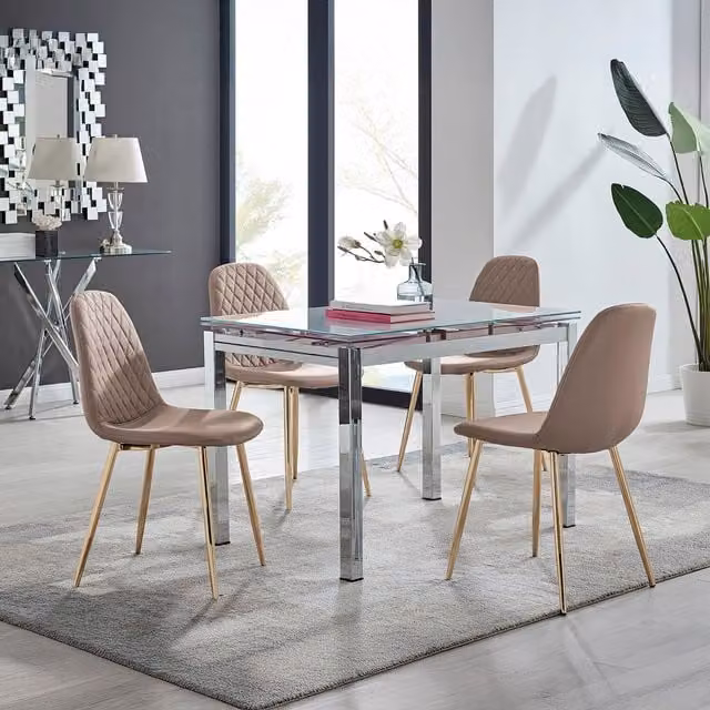 FurnitureboxUK Enna White Glass Extending Dining Table and 4 Corona Gold Leg Chairs in Cappuccino