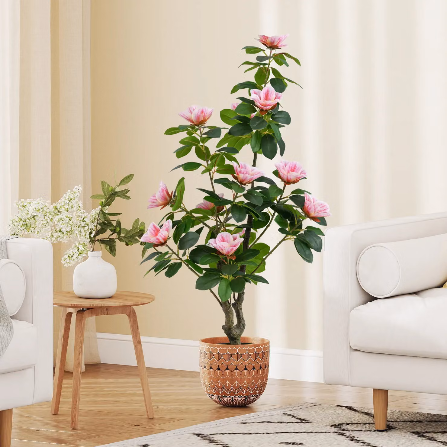 Costway Artificial Magnolia Tree in Green and Pink with Concrete Nursery Pot, Height: 100 cm – 3