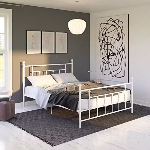 DHP Manila Modern Metal Bed in White, King Size (180 x 200 cm)