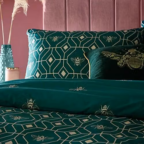 Furn Bee Deco Reversible Geometric Bumble Bee Duvet Cover and Pillowcase Set in Blue and Gold, 200 x 200 cm – 2