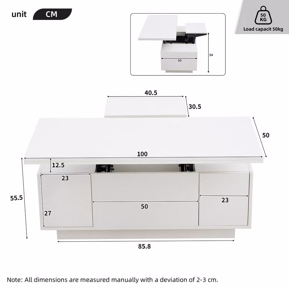 BTM White Lift-Top Coffee Table with Storage, W: 100 cm, D: 50 cm, H: 55 cm – 2