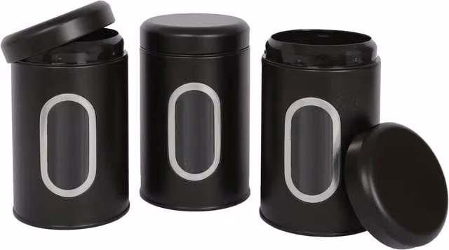 Harbour Housewares 3-Piece Stainless Steel Tea, Coffee and Sugar Canister Set with Window in Black
