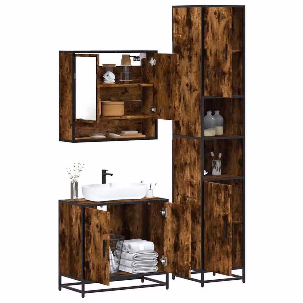 Berkfield Home 3 Piece Industrial Bathroom Furniture Set in Brown Smoked Oak – 2