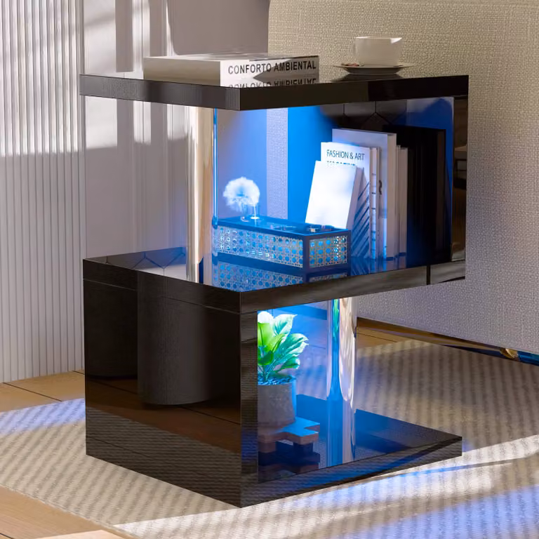 DHS High Gloss Black Side Table with LED for Living Room or Bedroom