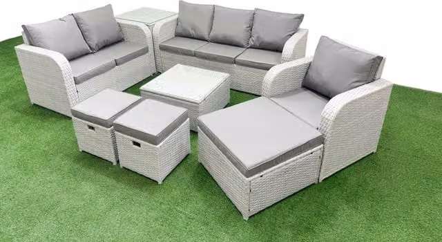 Fimous Patio 9 Seater Grey Rattan Outdoor Furniture Set with Upholstered Cushions, 3 Seater Sofa, Ottoman, and Coffee Table