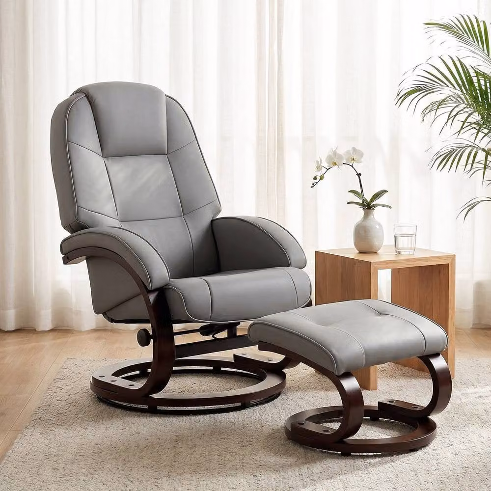 STILVORA Grey Swivel Recliner Armchair with Ottoman and Solid Wood Frame – 3