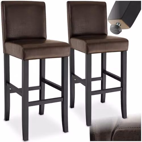 tectake Set of 2 Dover Bar Stools in Brown with Synthetic Leather and Glossy Wood Legs