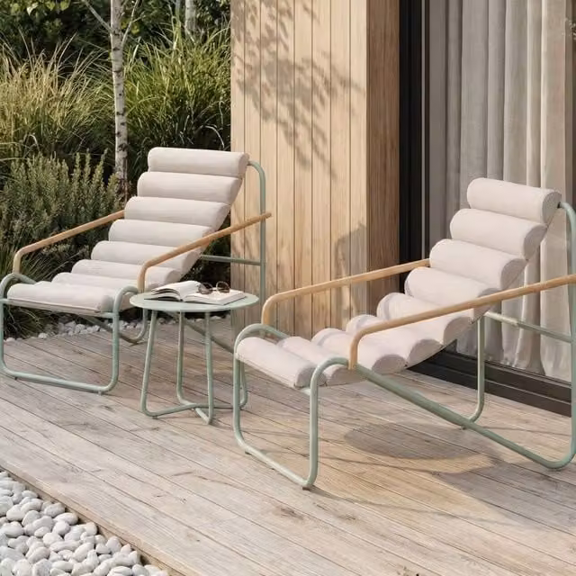 Wyld and Coco Modern 2 Seater Outdoor Lounge Set in Green Powder Coated Steel with Coffee Table and UV Resistant Polyester Cushions – 1