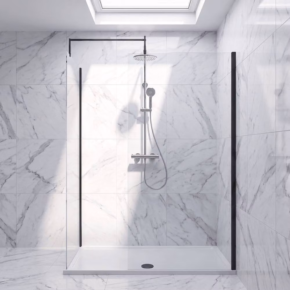Balterley Walk-In Wetroom Bundle with Rectangular Tray and Fixed Glass in Matt Black, W: 1400 mm, D: 800 mm – 1