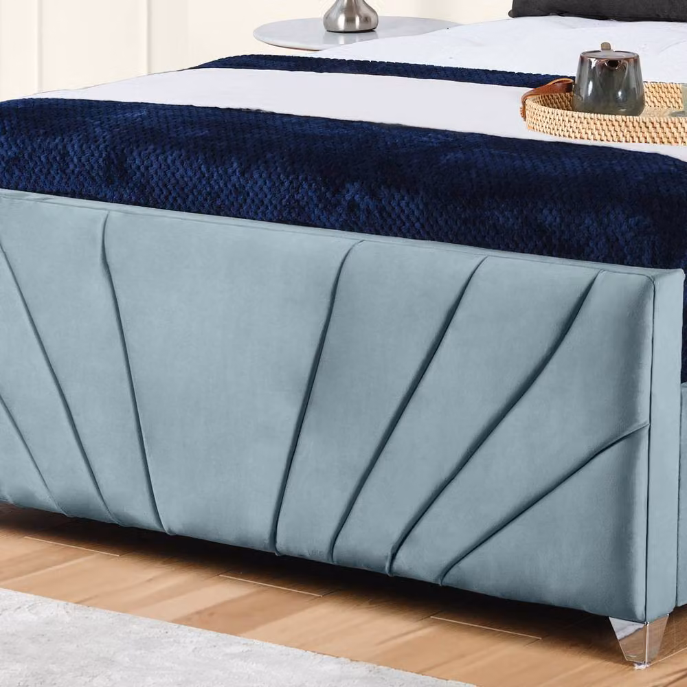 UK Bed Furniture Sunrise Upholstered Slatted Base Bed in Blue Velvet, Size: Double (140 x 200 cm) – 3