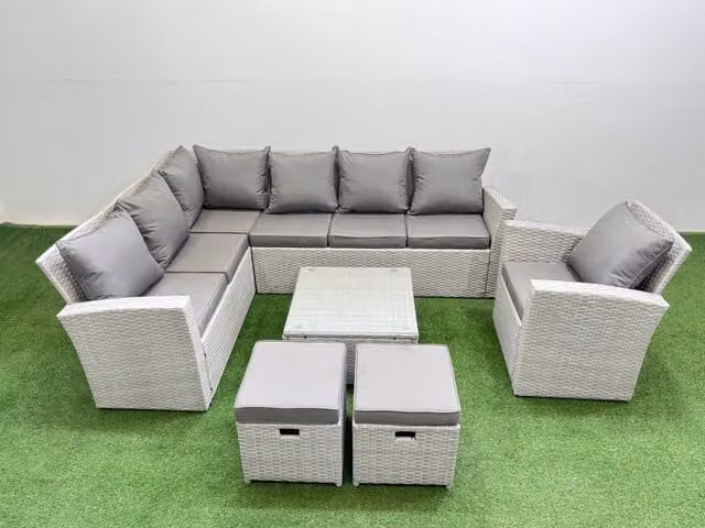 Fimous 9 Seater L-Shape Corner Garden Sofa Set in Light Grey with Coffee Table and Stools